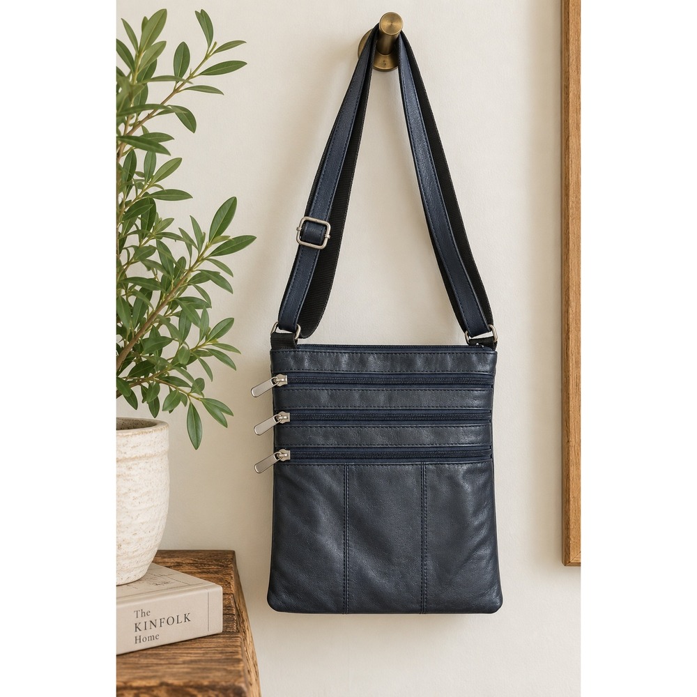 Leather Crossbody Dark Gray Blue Bag Multi Pocket Zip Travel Purse Minimalist